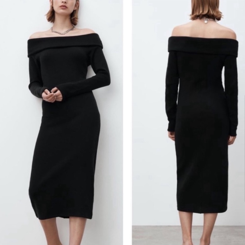 Zara Black Off-the-Shoulder Midi Dress